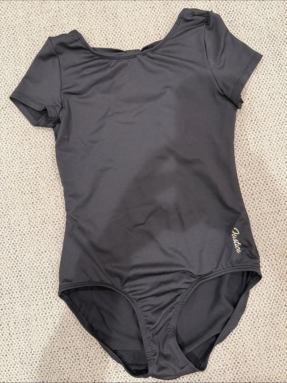 Justice Black Short Sleeve Dance Leotard with Gold Script